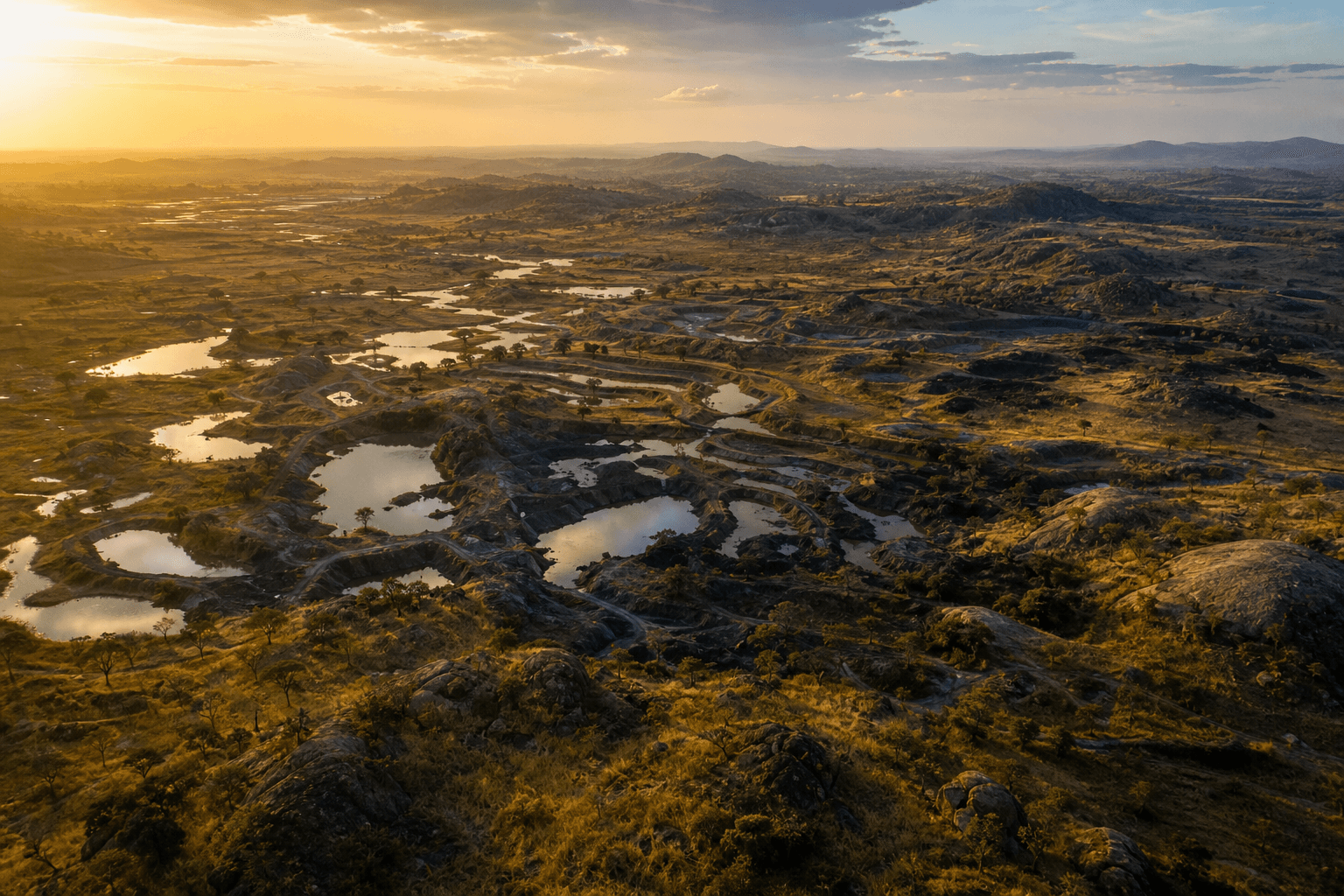 Aerial view of alluvial tin workings and mining ponds on the Jos Plateau at golden hour